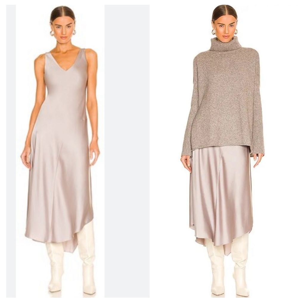 ALL SAINTS MIDI Satin Slip Dress Sleeveless V Neck Gray Silver NWOT
